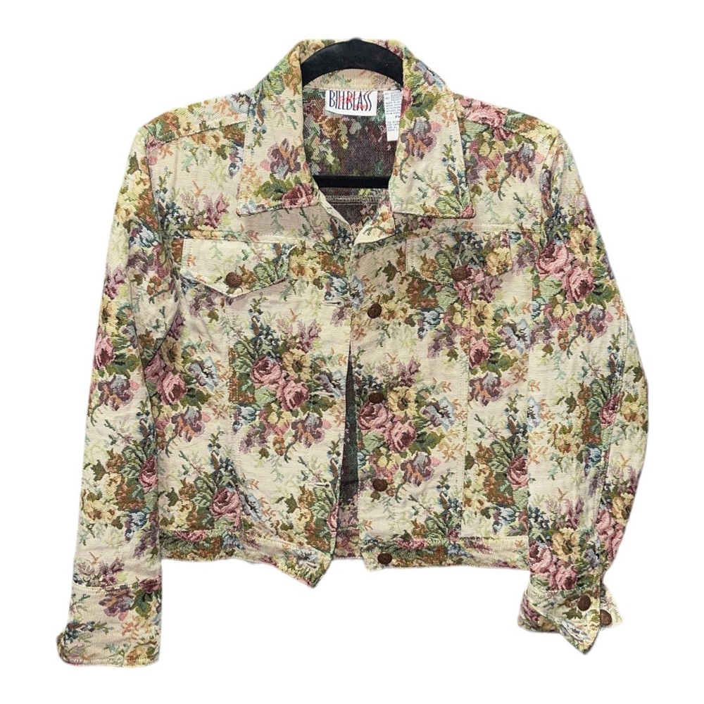 Vintage Bill Blass Denim Jacket Floral Ivory size M (Petite Medium)